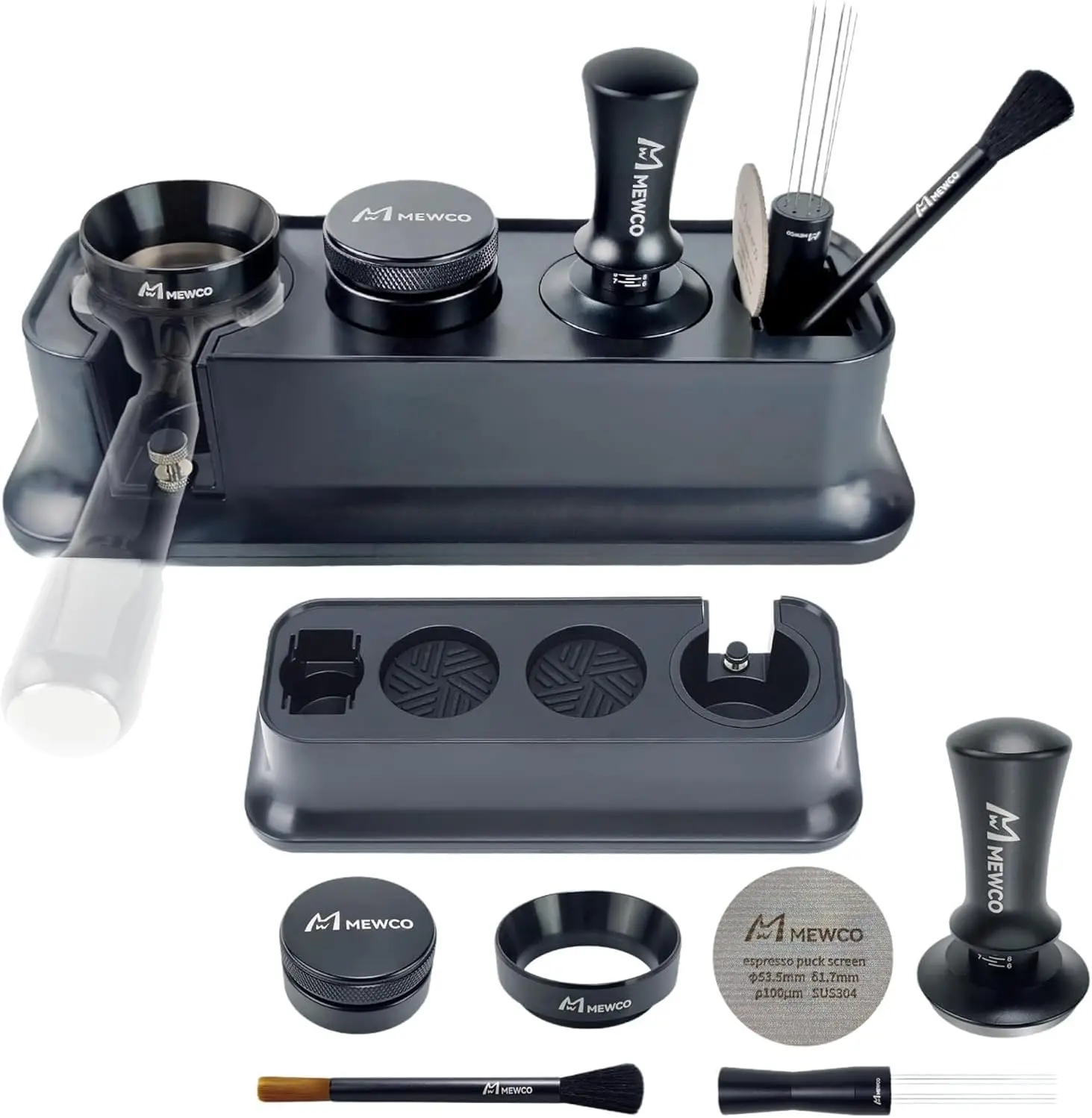 

7-in-1 Espresso Tamper Set with Organizer Box, Distributor, Stirrer, Brush, Funnel & Screen for Home Baristas