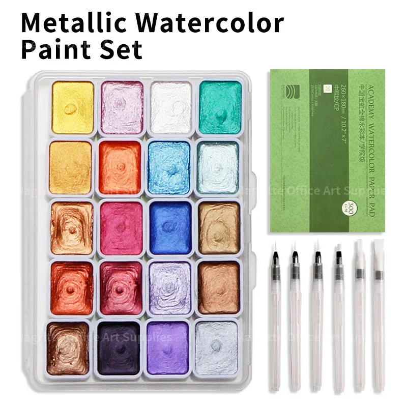 46pcs Metallic Watercolor Paint Set,Including Water Brush Pens & Paper Pad,Metallic Pigment for Painting,Writing for Artists