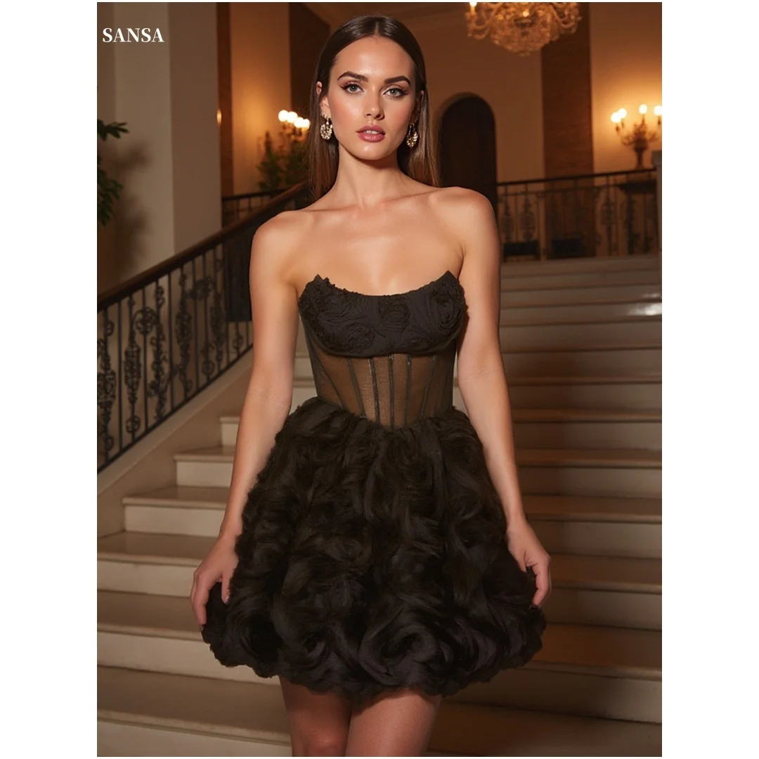 

Sansa Customized Black Flowers Strapless Backless Prom Dresses Sleeveless فساتين للمناسبات الخاصة Mini Skirt vestidos de festa