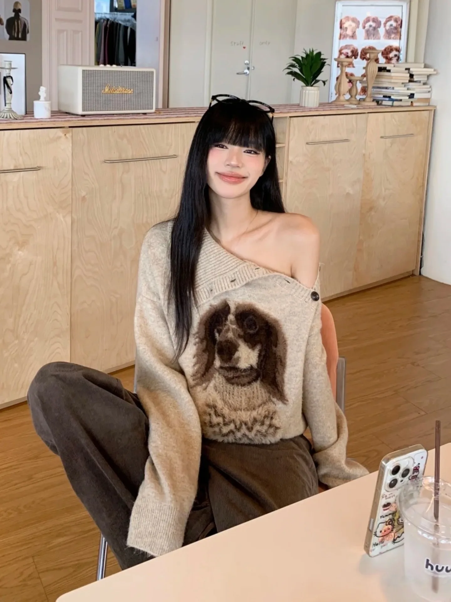 

Свободный женский свитер с высоким воротником и милым собачьим принтом, осень-зима, новый шикарный дизайн с олечом, сладкий хлопковый длинный S...