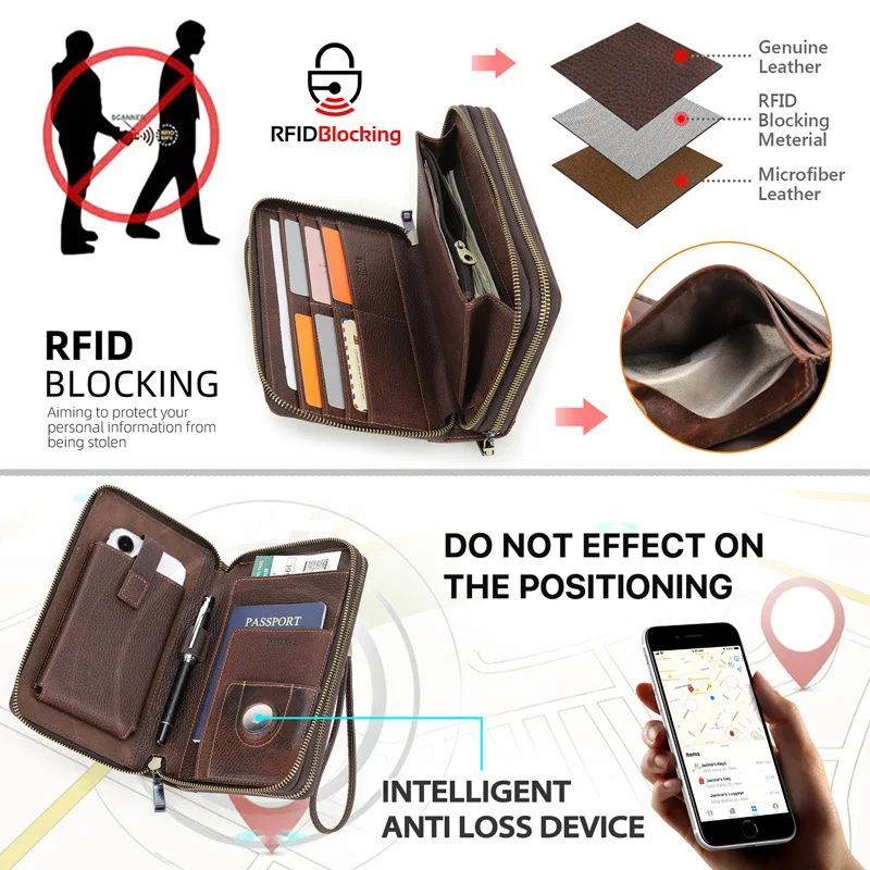 Litchi Patterned Cow Leather RFID Anti-theft Metal Double Zipper Combination Lock Travel Passport Bag  Clutch Bag Long Wallet