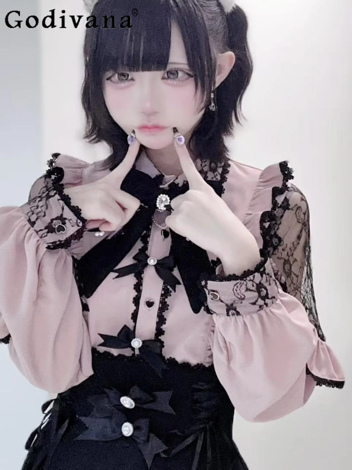 2025春の新作日本製量産レースステッチ長袖リボンシャツロリータトップスハイウエストスリムロングスカート2点セット