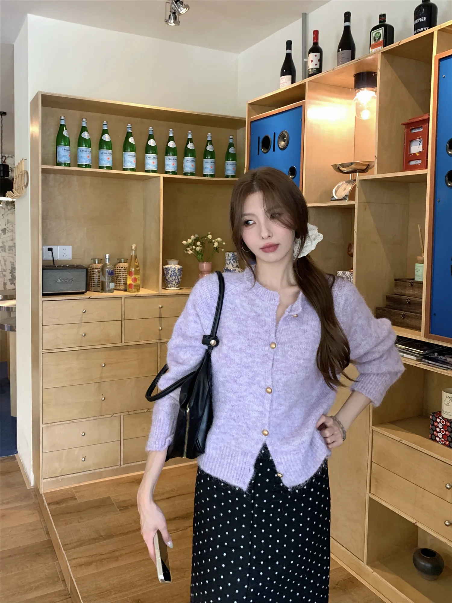 セーター ジャンパー カーディガン レディース 女性用 ロング アクリル混紡 パッチポケット オーバーサイズ カレッジ キャンパス プレッピー アカデミック 快適