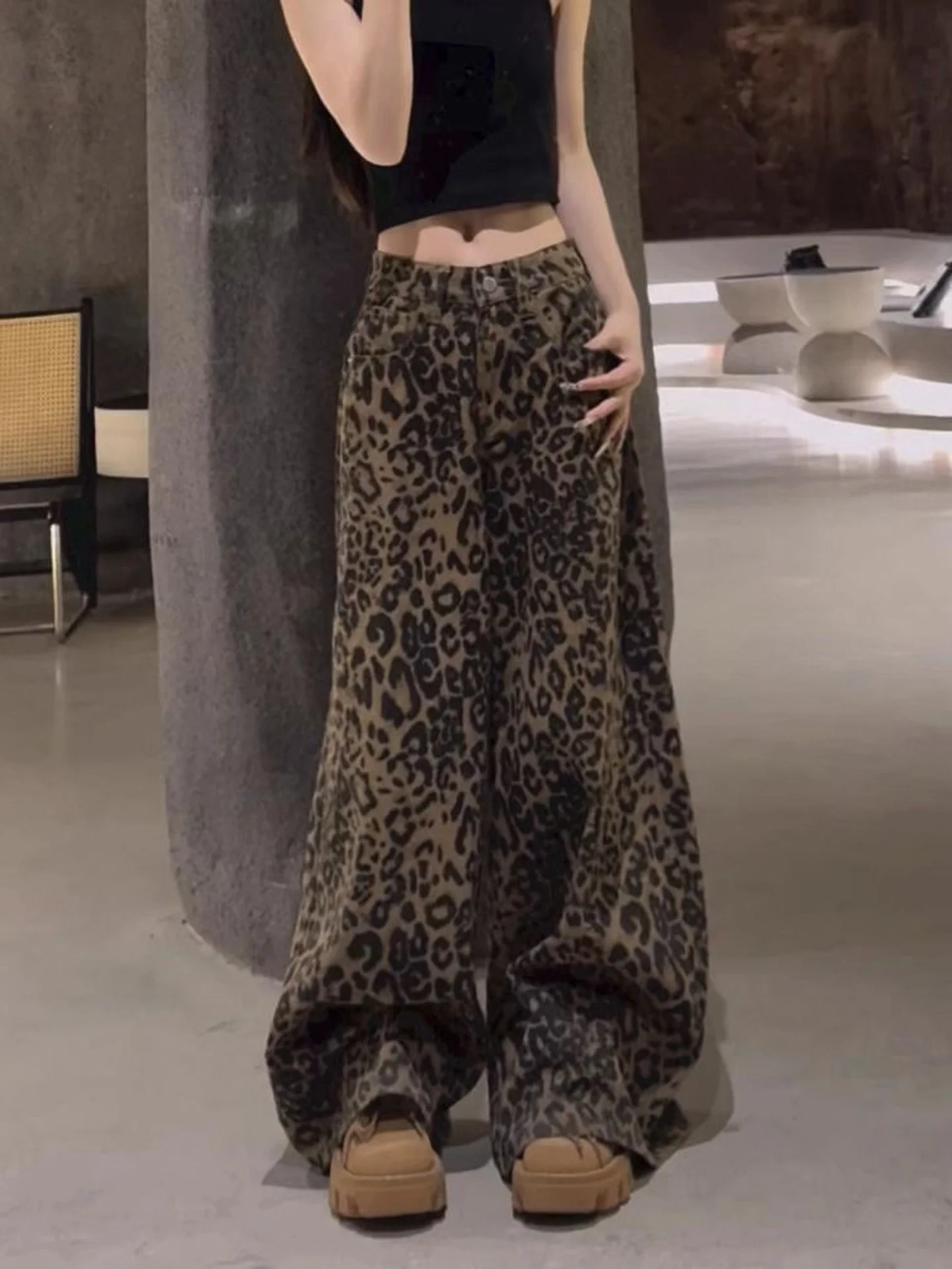 American Retro Leopard Print Flared Jeans Women's Fleece Lined Thick High Street Slimming Loose High Waist Straight Leg Floor...