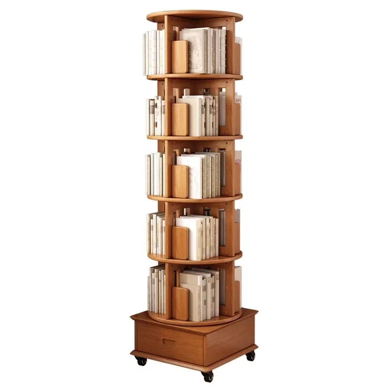Rotating bookshelf fixed floor pulley solid wood bookcase shelf