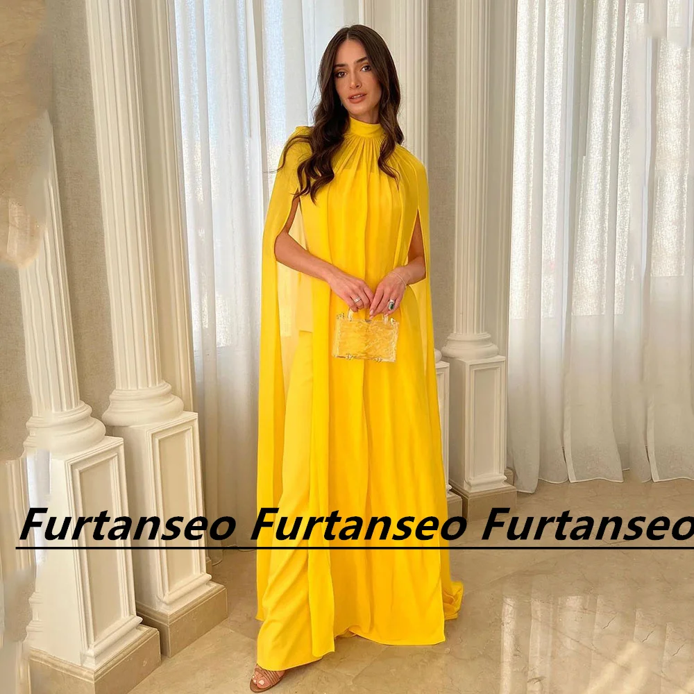 

Simple Yellow Evening Gown Chiffon High Neck Saudi Arabian Women's فساتين الحفلات Draped Floor Length Dubai Vestidos De Gala