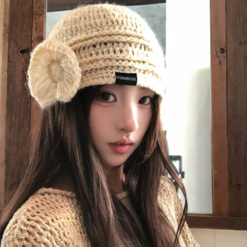 Korean Handmade Crochet Three-dimensional Flower Knitted Hat for Women Autumn and Winter Elegant Temperament Skull Beanie Caps