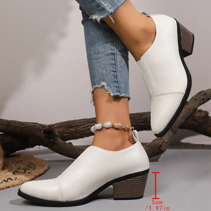 

Plus Size Block Heel Single Shoes Women's Casual Block Heel Shallow Mouth Medium Heel Pointed Toe Small Leather Shoes