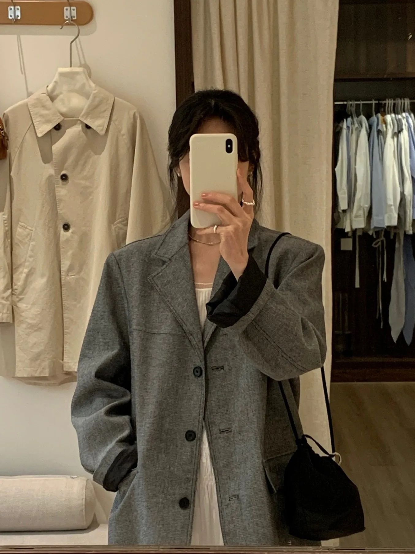 

BRIVIN Korean Style Grey Casual Women's Suit Jacket Spring 2026 New Vintage Slimming Top Commute Fashion Loose Fit Long Sleeve