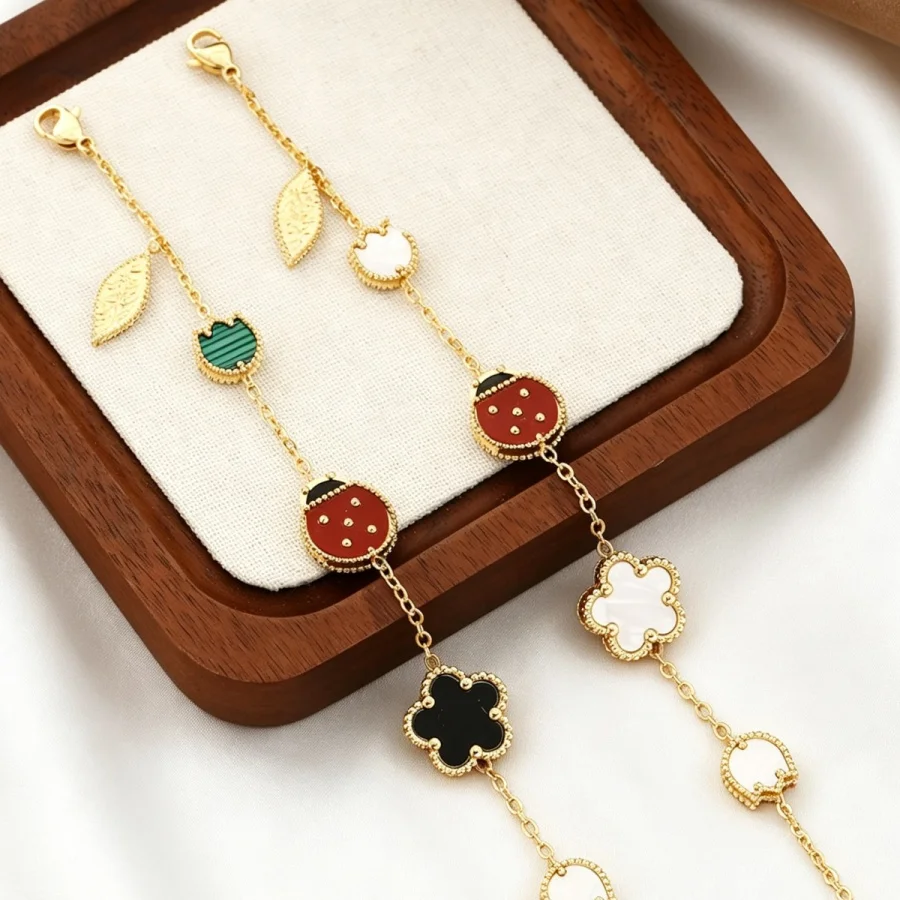 Cute Sweet Ladybug Flower Charm Stainless Steel Bracelet Women White/Black Acrylic Red Enamel Y2K Streetwear Fashion Jewelry