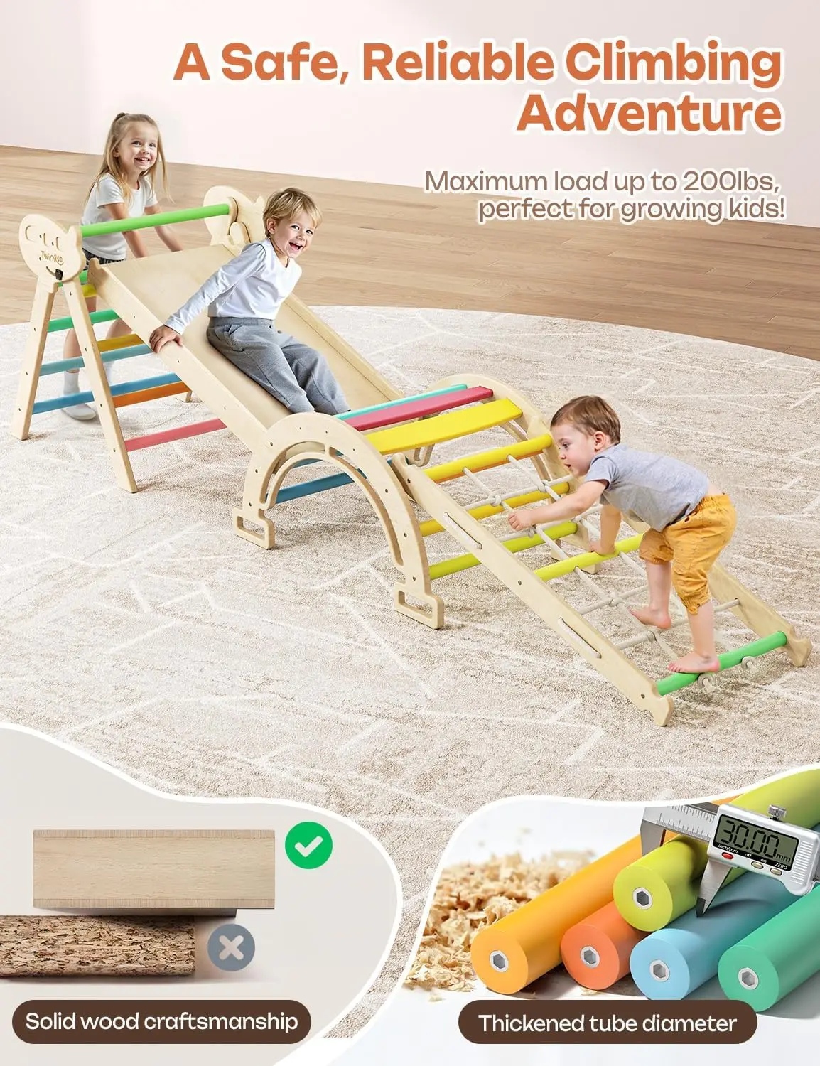 Zestaw Trójkątów Pikler 8 w 1, Składane Zabawki do Wspinaczki dla Niemowląt i Małych Dzieci, Solidny Drewniany Zestaw do Wspinaczki Montessori, Wspinaczka dla Niemowląt do Zabawy w Pomieszczeniach