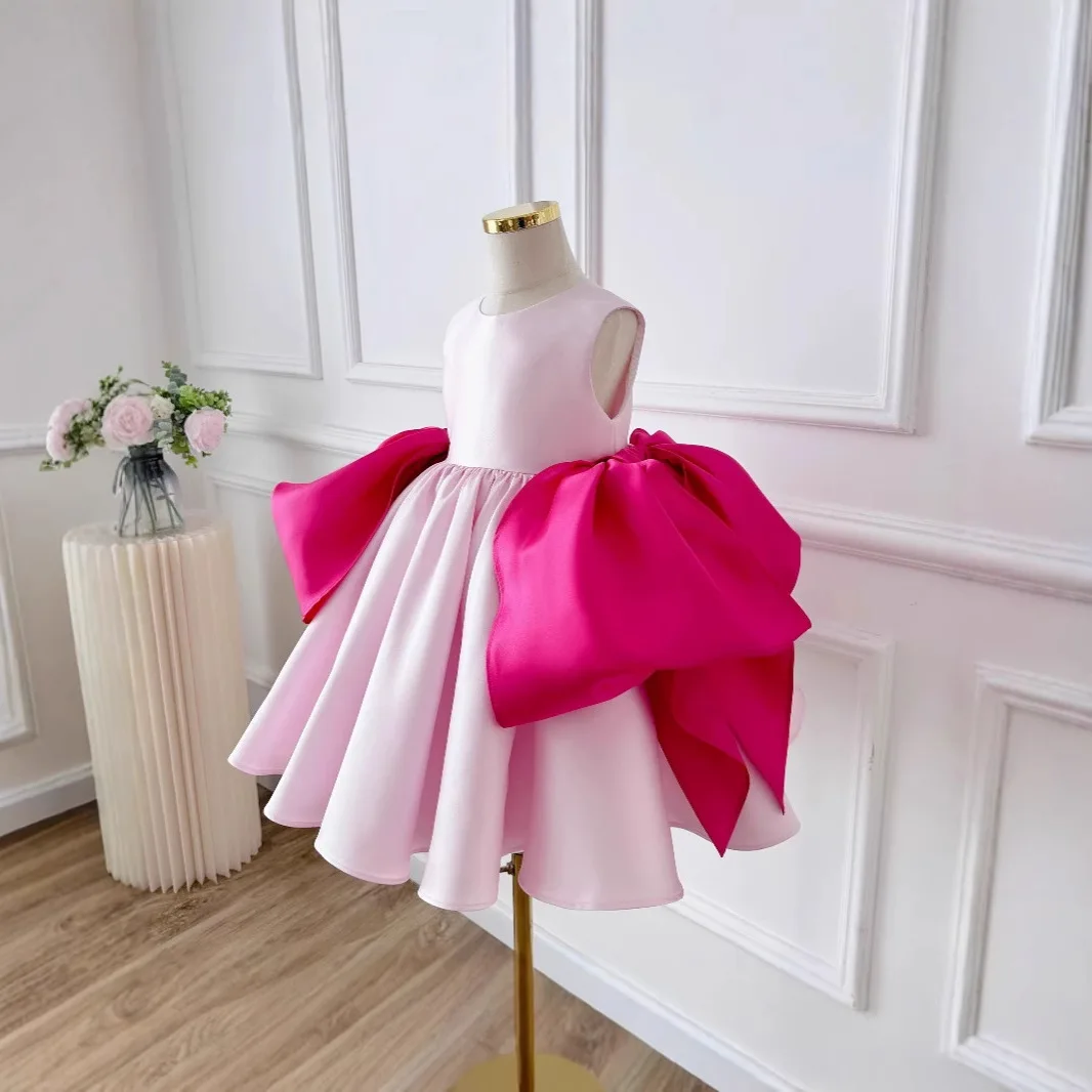 

1-12 years pink Girls party dresses satin Big bow Sleeveless simple princess dress blue birthday