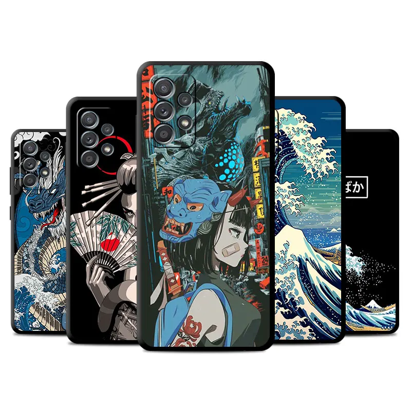 Black Case for Samsung Galaxy A52 A73 5G A33 A12 A53 A22 A13 4G A24 A14 A23 A54 A70 Soft Phone Cover Japanese Wave Girl Dragon