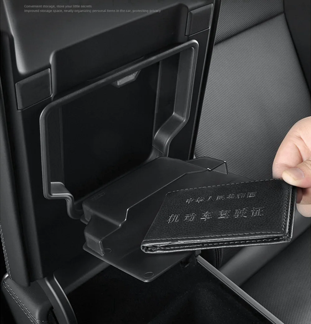Magnetische Versteckte Aufbewahrungsbox für Tesla Model YL Y Juniper 2025 2026 Armlehnen-Deckel-Organizer Transparente Schwarze Hülle – Detail 3