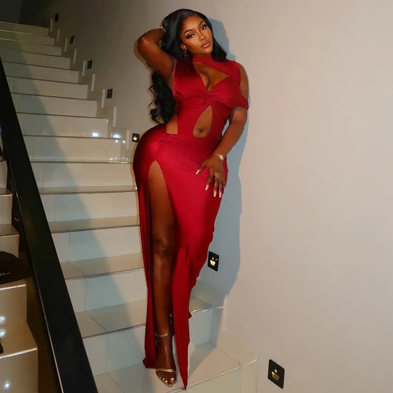 Bodycon Sleeveless Dress Slim Fit Streetwear with High Neck Mid Waist Maxi Length Pull on Daily Spring Women Casual Dresses
