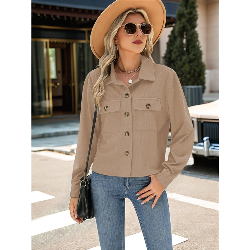 ABP-mode pour femmes manilles courtes velours côtelé boutonné vestes courtes hauts chemises à manches longues à la mode 2025