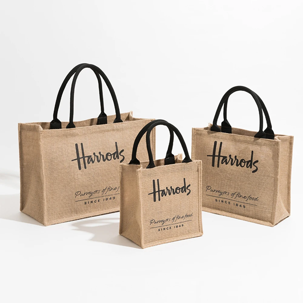 100pcs/Lot Wholesale Custom Grocery High-capacity Fashion Your Own Logo Printed Jute Tote Bags for Women Wedding Gifts Packaging