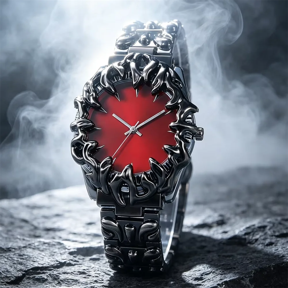 Vintage Punk Flame Bezel Quartz Watch Men Women Matte Black Steel Band Analog Wristwatch Street Fashion Matching Couple Watches