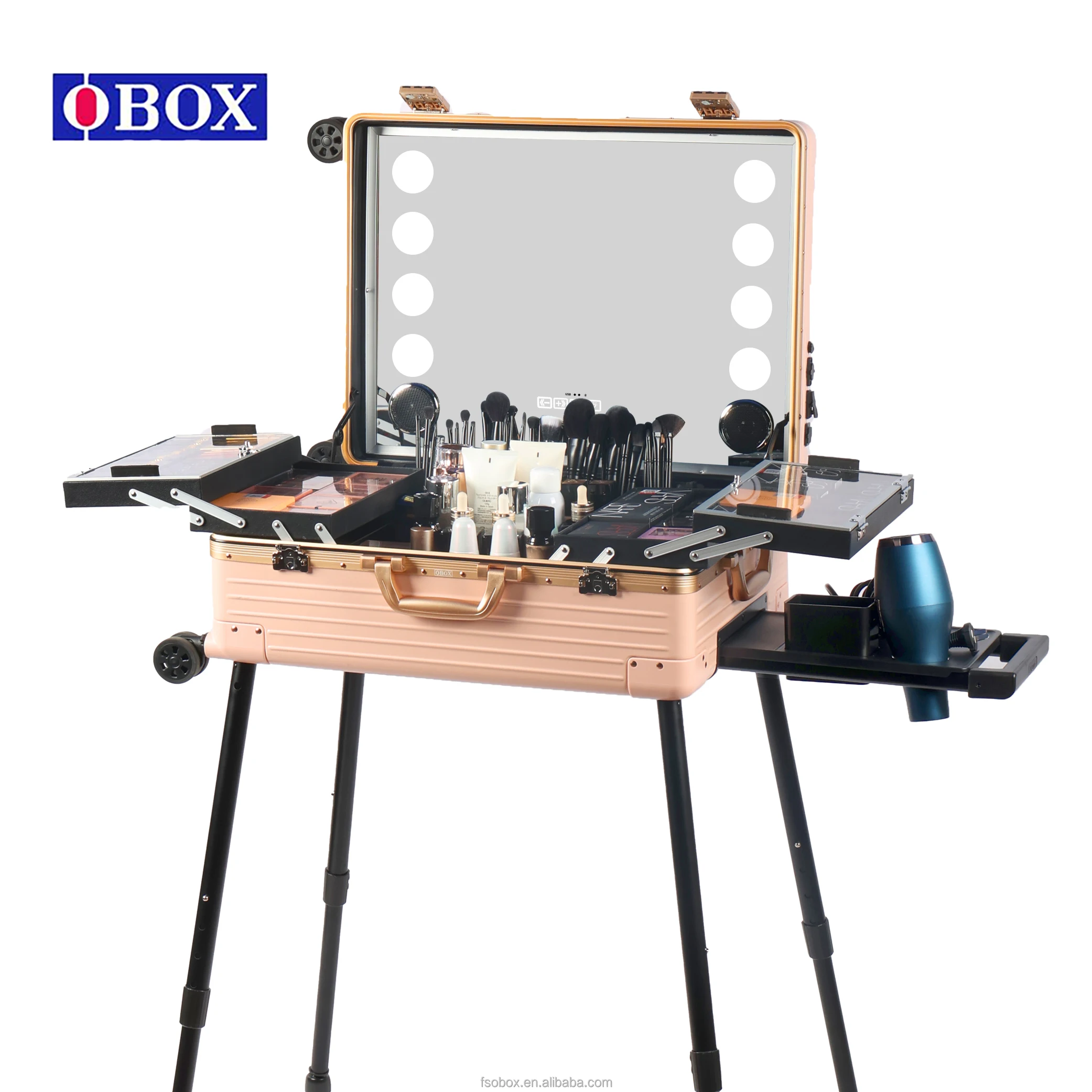 OBOX Pink Multi-Compartment PC Desk Makeup Case With Hanging Hairdryer Storage Box Salon Suitcase Cosmetic Box
