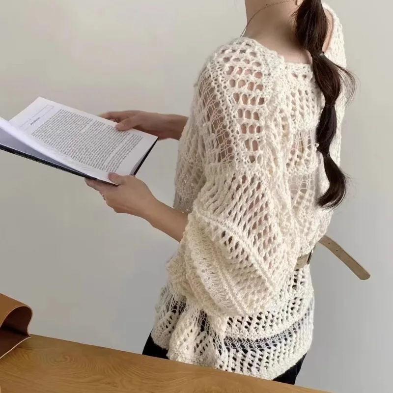 

Vintage O-neck Hollow Loose Sexy Long Sleeve Sweater Women 2025 Autumn New High Street Solid Color Casual Knitted Tops