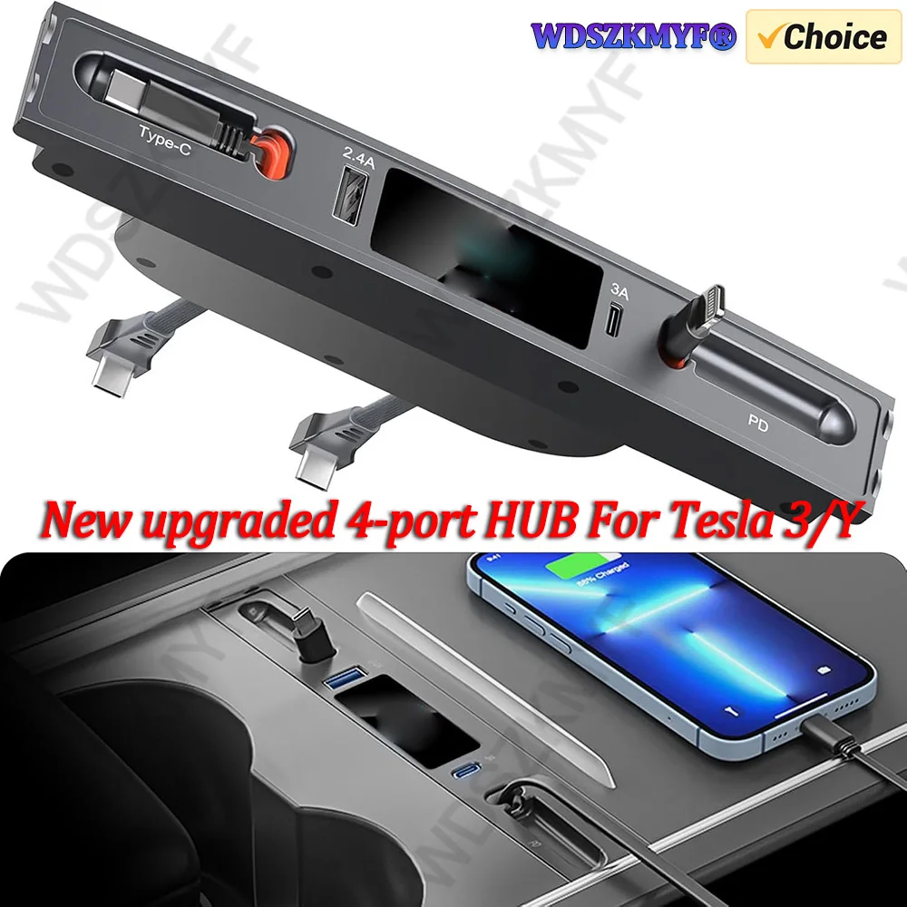 

For Tesla Model 3 Model Y Car USB Charger with Retractable Cable 27W PD Type C QC 3.0 USB Center Console Adapter