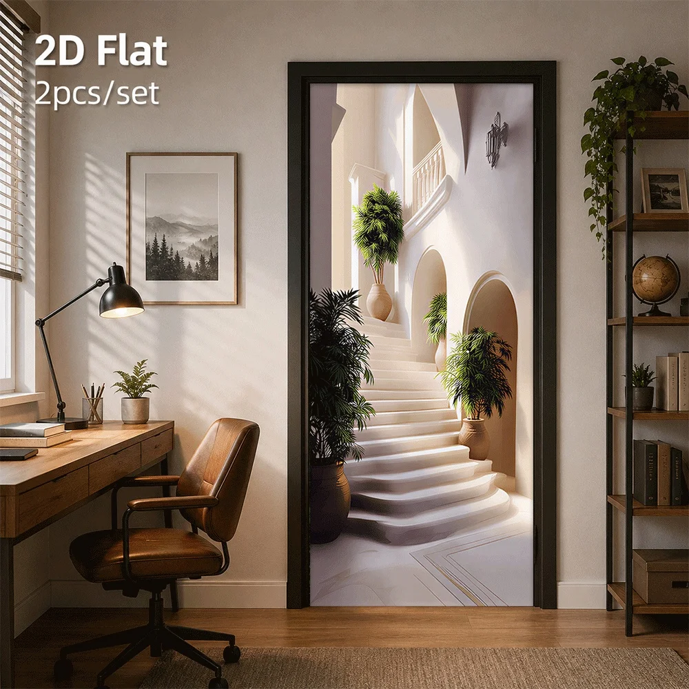 1 European style arch staircase simulation green plant door sticker living room sticker self-adhesive waterproof 2D plan