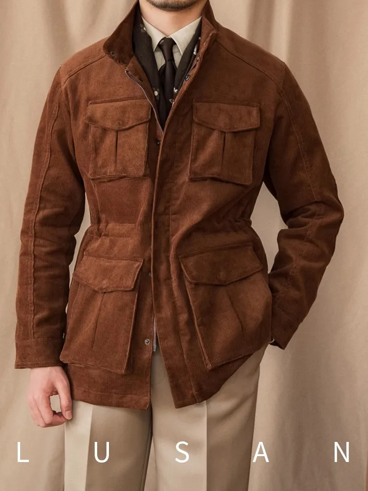 

Men's Pure Cotton Corduroy M65 Jacket - Stand Collar Cinched Waist Windproof Warm Hunting Coat