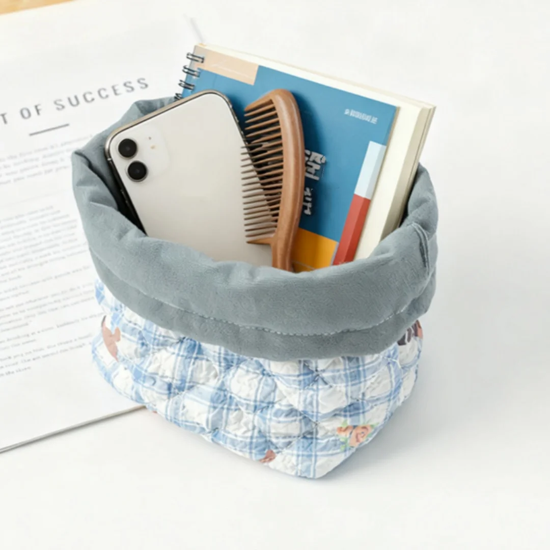 Quilted drawstring makeup bag, desktop clutter storage bin, makeup brush storage bag, travel camera stand up anti drop bag