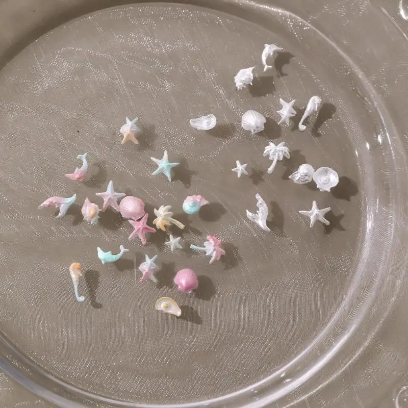 50 قطعة سلسلة المحيط لامعة ملونة قذيفة نجم البحر محارة ذيل السمكة الراتنج مسمار الفن الراين جوهرة زينة مانيكير حلية