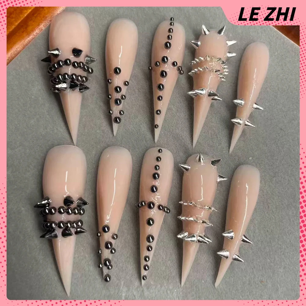 10Pcs Spice Girl Handmade Long Beast Claw Press On Nails Metal Rivets Cat Eyes Sequins Gradients Dragon Shape Claw Fake Nails view 4