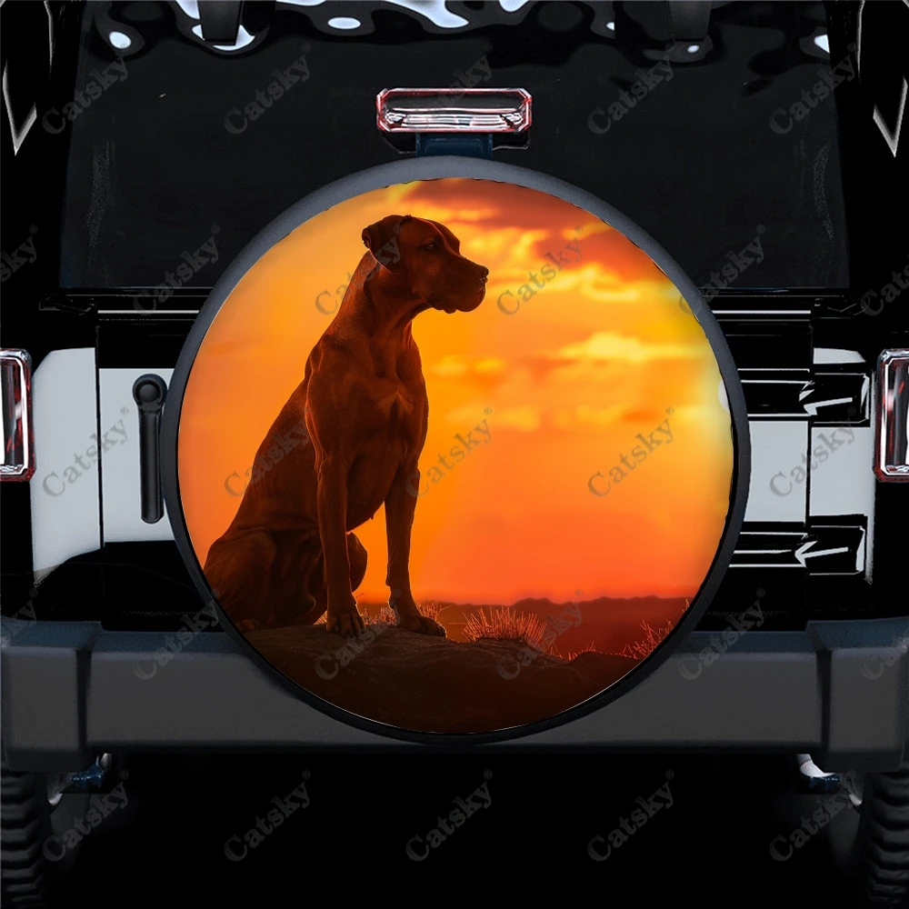 Dog with Sunset Polyester Universal Spare Wheel Tire Cover Custom Tire-Covers for Trailer RV SUV Truck Camper