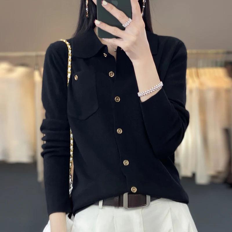 Women's Cardigan Spring Worsted Wool Knit Sweater Casual Pocket Shirt Loose Ladies Tops POLO Collar Single Breasted Jacket