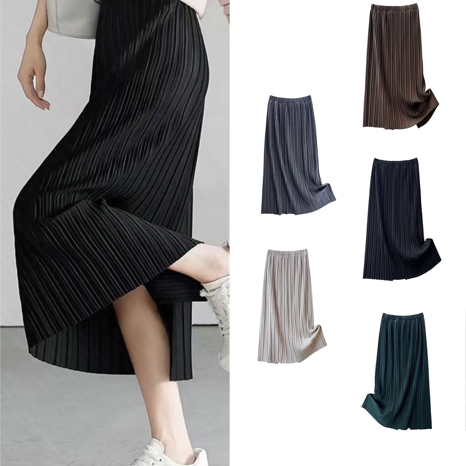 

Women's Temperament Pit Stripe Pleated Half Body Skirt Solid Colour Casual Long Skirt Versatile Slim Package Hip Straight Skirt