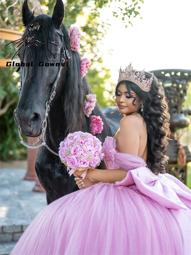 

Бальные платья принцессы, платья Quinceanera для девочек, с открытыми плечами, аппликациями и бантом, 15 Anos, Vestido по индивидуальному заказу