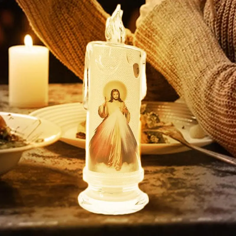 Flameless Jesus Light Flameless Battery Powered LED Pillar Light Creative Christ Tealight Multifunctional Decorative Church