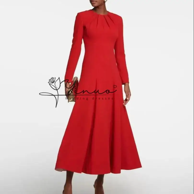 

customized Short Red O-Neck Evening Dresses with Ruffles Mermai Long Sleeve Crepe Tea Length فساتين السهرة Pleated