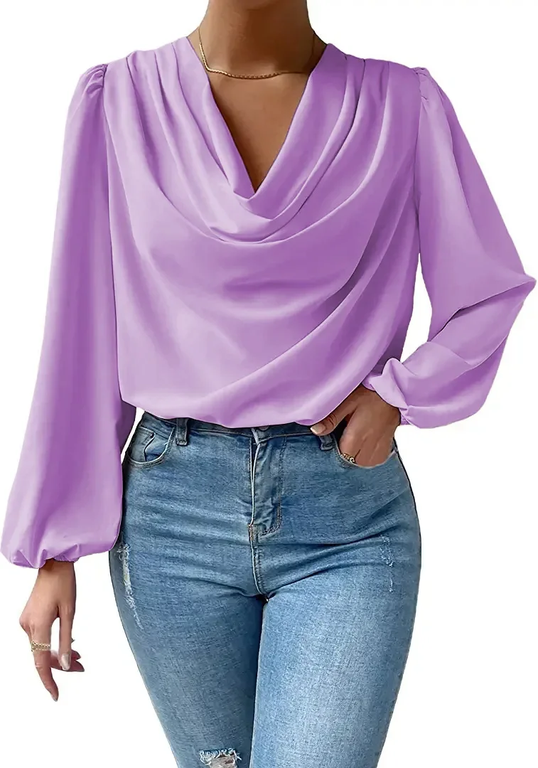 Camicie eleganti da donna camicetta moda 2023 primavera/estate Chiffon allentato drappeggiato con scollo a v Top Office Lady Solid Shirt S-XXXL