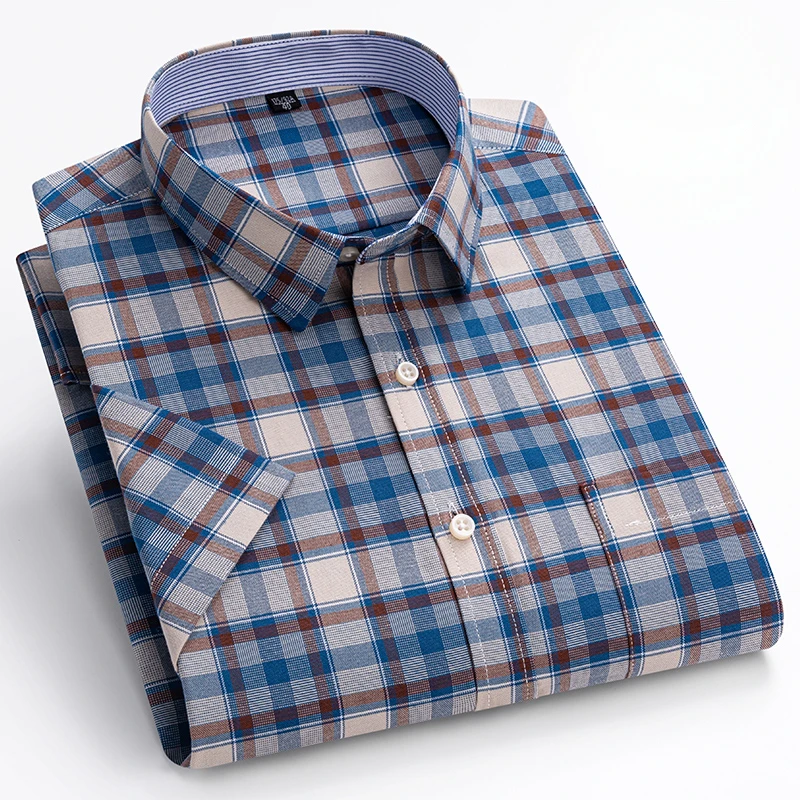 2024 New Men's 100% Cotton Short sleeved Shirt  Single Chest Pocket Work Casual Standard-fit Plaid Striped Oxford Shirts 100KG