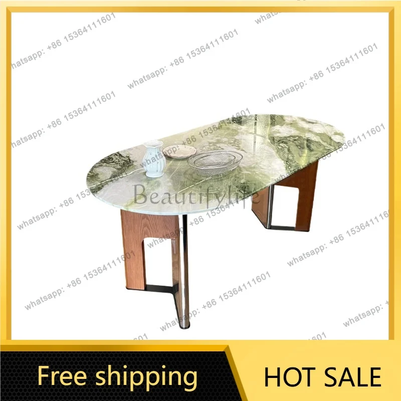 YJ Irish Green Luxury Stone Dining Table French Mid Century Italian Minimalist Solid Wood Marble Household Table