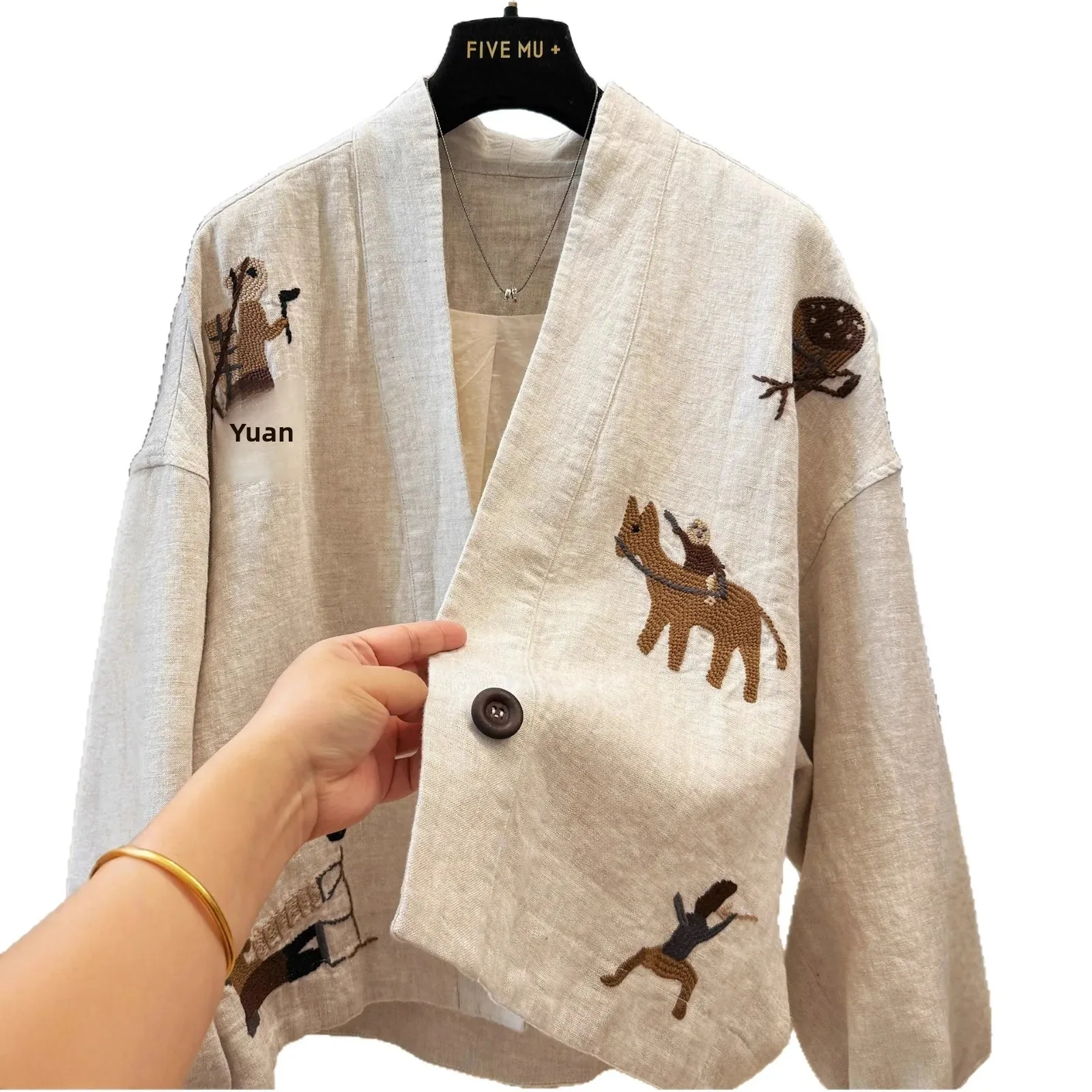 

НОВИНКА: Женское осеннее пальто с уникальным стильным дизайном, премиум-класса, с длинными рукавами, свободного кроя, вышитая короткая куртка из хлопка и льна с V-образным вырезом