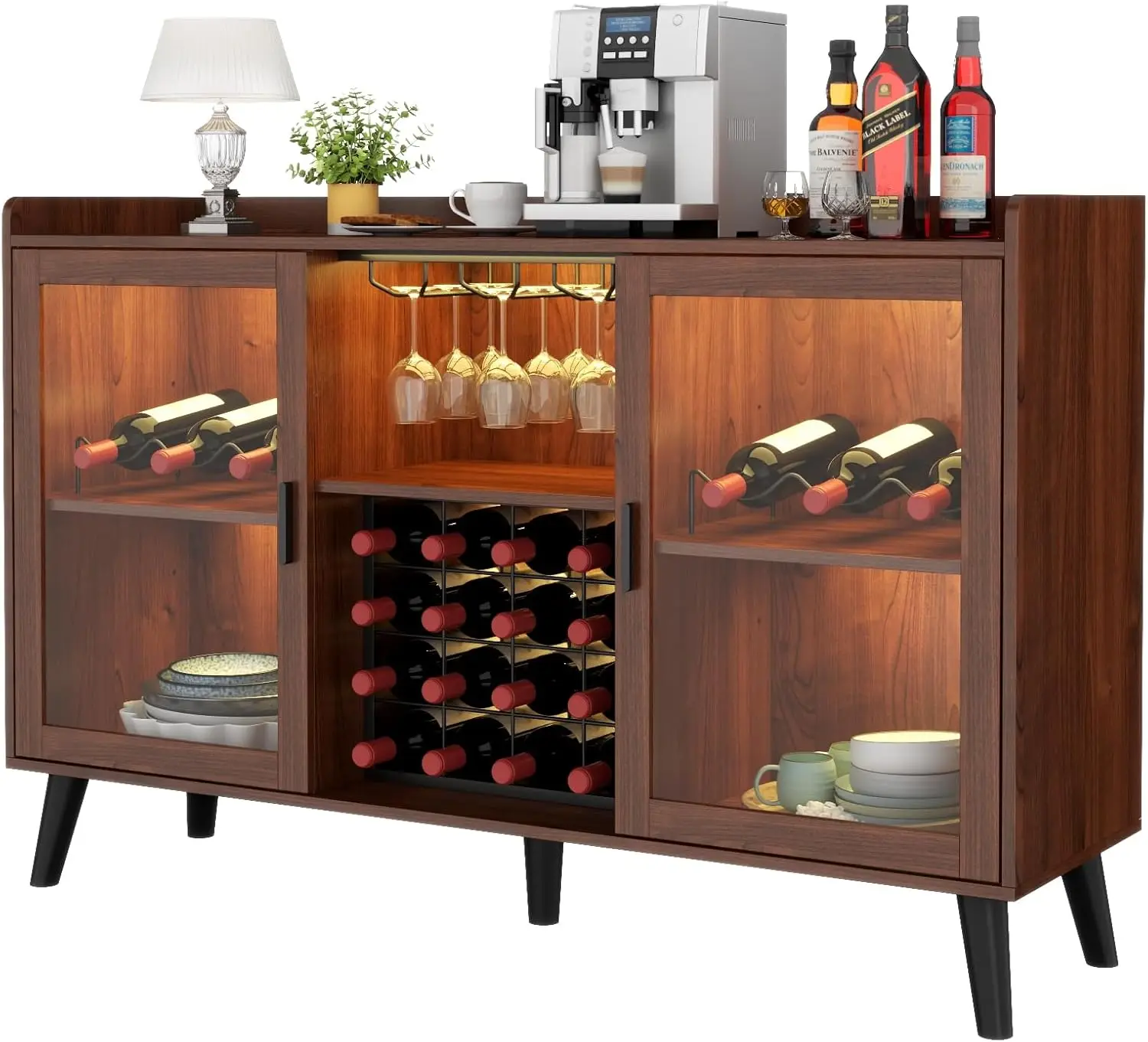 

Wine Bar Cabinet With Led Light, Home Coffee Cabinet With Wine And Glass Rack, Kitchen Buffet Sideboard With Storage Shelves,