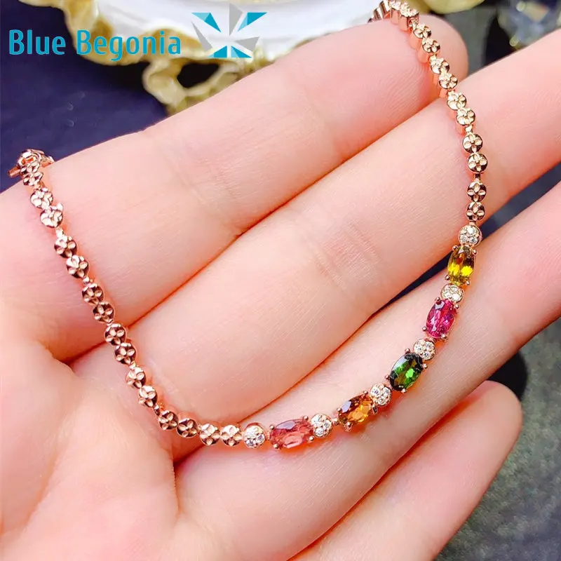 

Natural Tourmaline Bracelet 925 Sterling Silver Rainbow Color Fine Jewelry for Women Anniversary Gift 3*5MM Gemstone