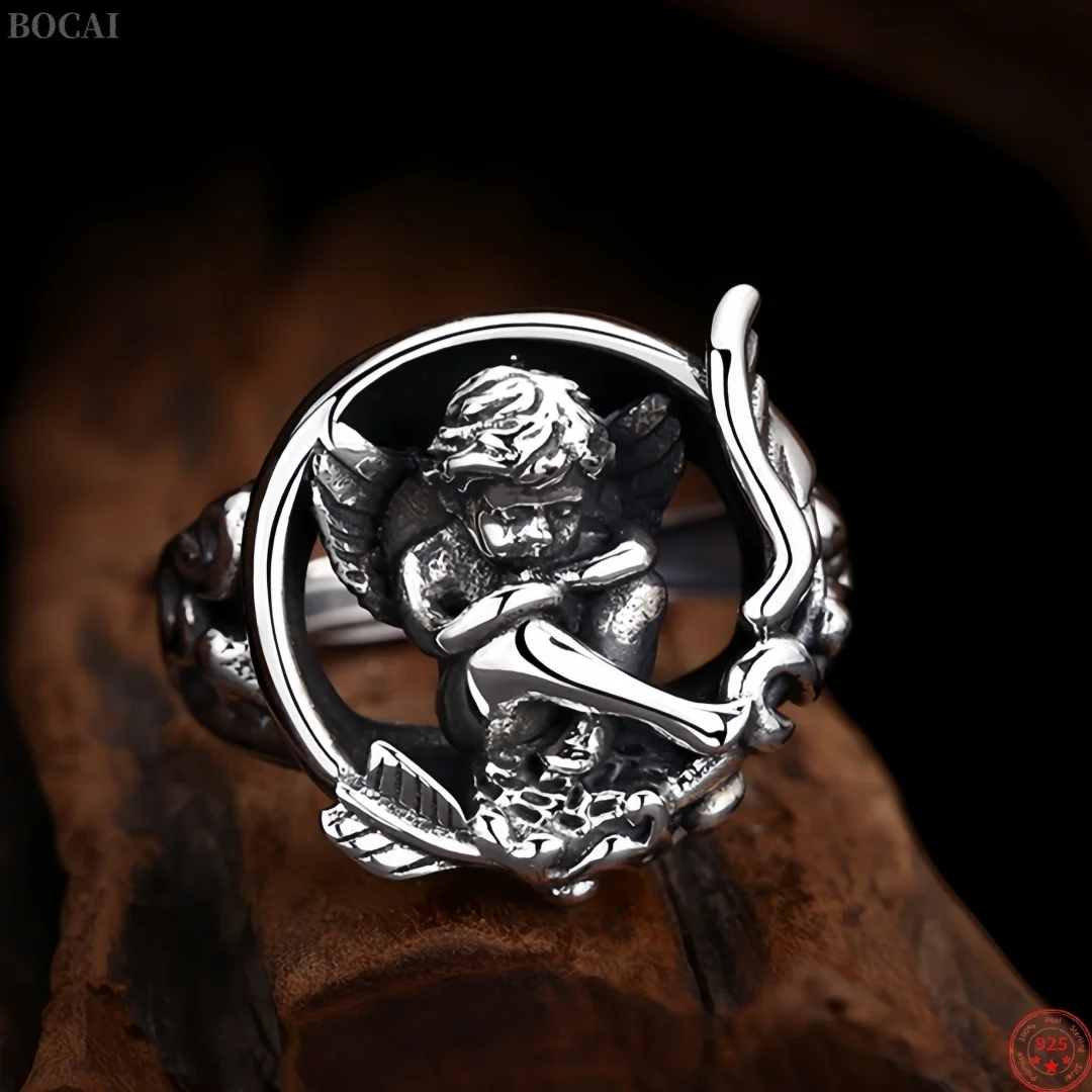 BOCAI S925 Pure Silver Retro Personality Little Angel Open Mouth Ring