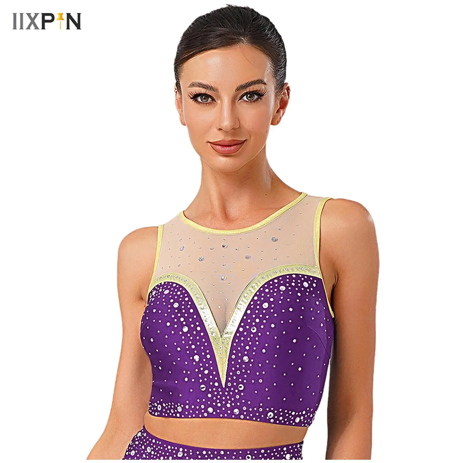 Women's Lyrical Dance Crop Tops Sparkly Rhinestone Contrast Color Sleeveless Patchwork Crop Blouse Dancewear for Class Stage