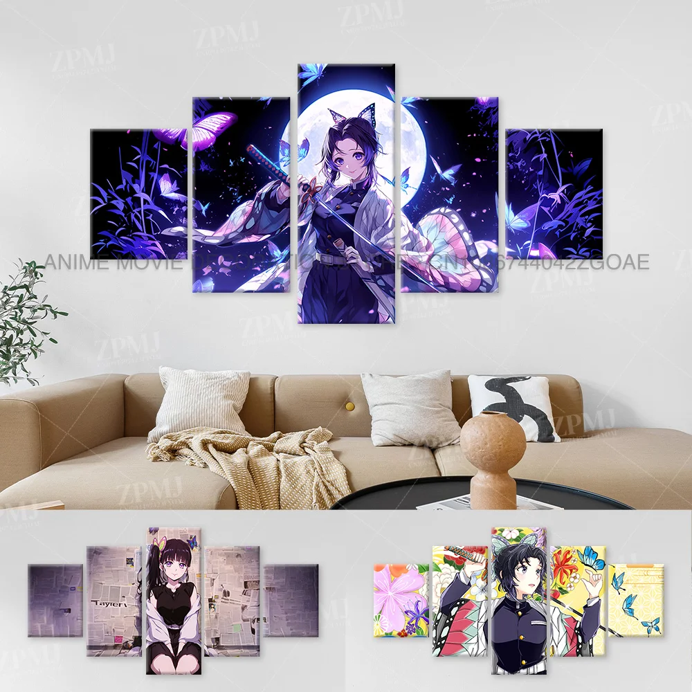 

5Pcs Anime Wall Art Canvas Painting Picture Print Home Decor Demon Slayer Kochou Shinobu Character Poster Room Frameless Mural