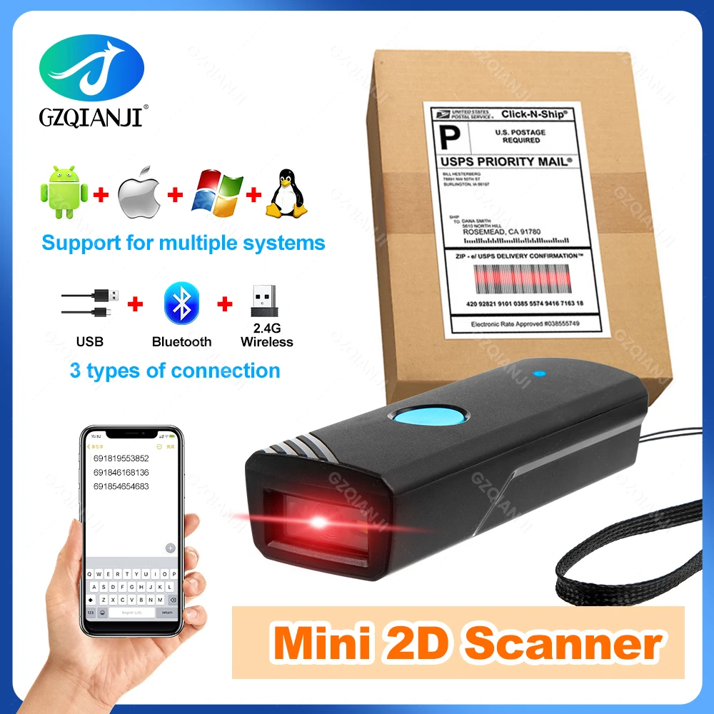 Portable QR Code Bluetooth Scanner Mini 1D 2D Bar Code Reader Compatible USB 2.4GHz Wireless Barcode Reader for Mobile Scan