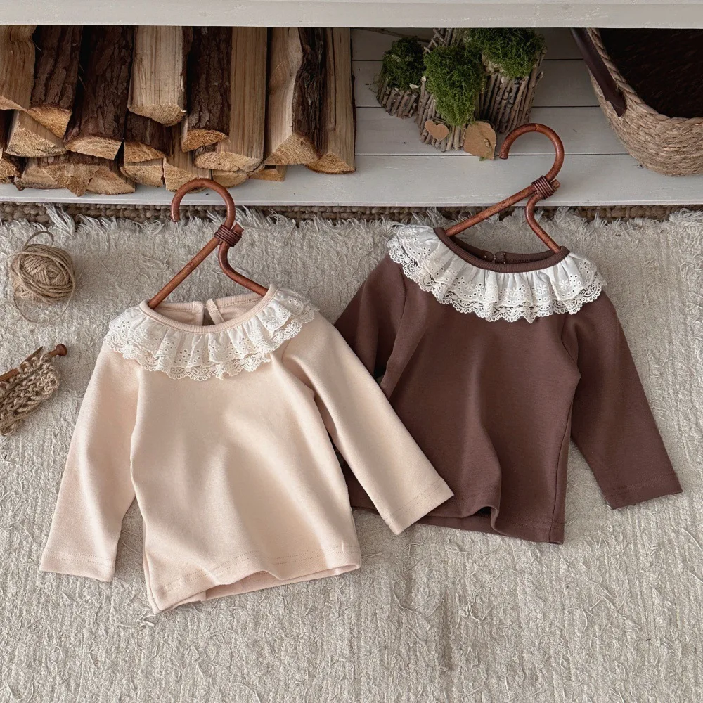 2026 Autumn New Baby Long Sleeve T Shirts Infant Girl Double Layer Lace Collar Bottoming Shirts Cotton Toddler Solid Sweet Tops