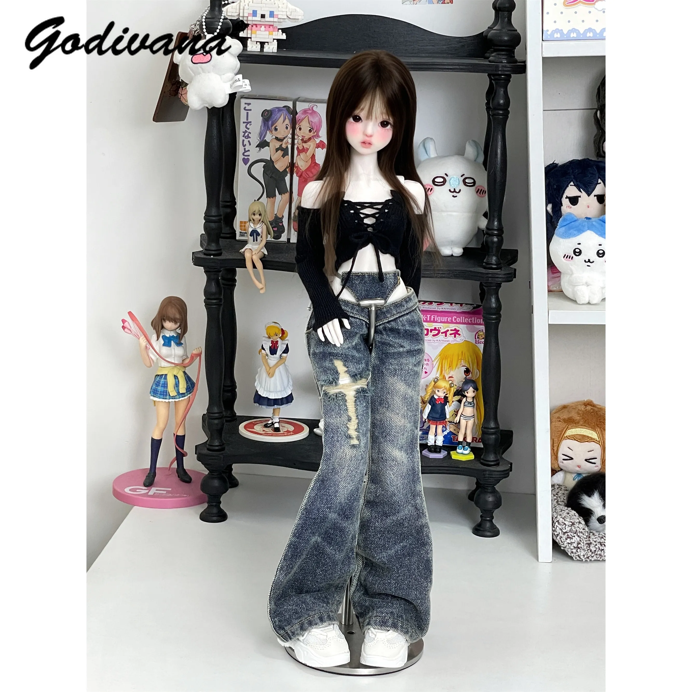 1/3 1/4 BJD Doll Slim Flared Jeans Vintage Washed Distressed Cross Pattern Daily Casual Versatile Denim Pants for Doll