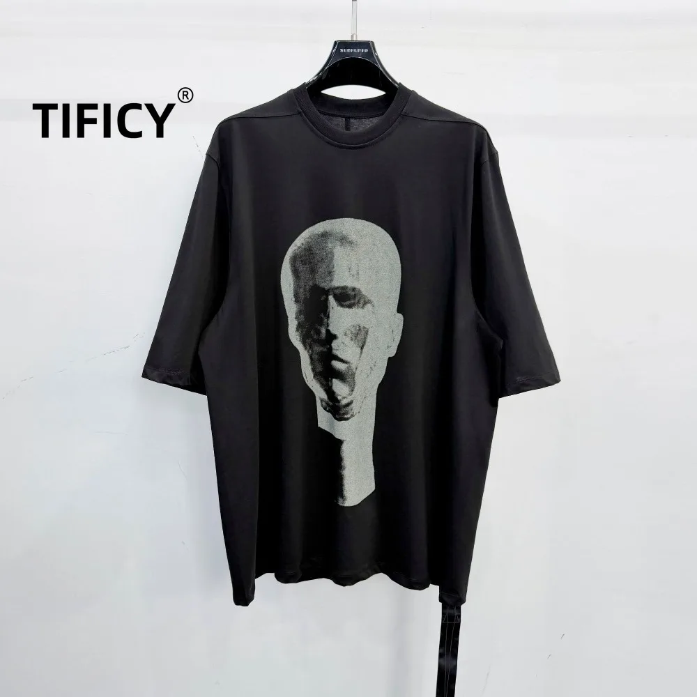 

High Street Tees T-shirts RO Men's Cotton Dark Short Sleeved Portrait Print Loose Shoulder Heavy Casual Short Sleeved T-shirt