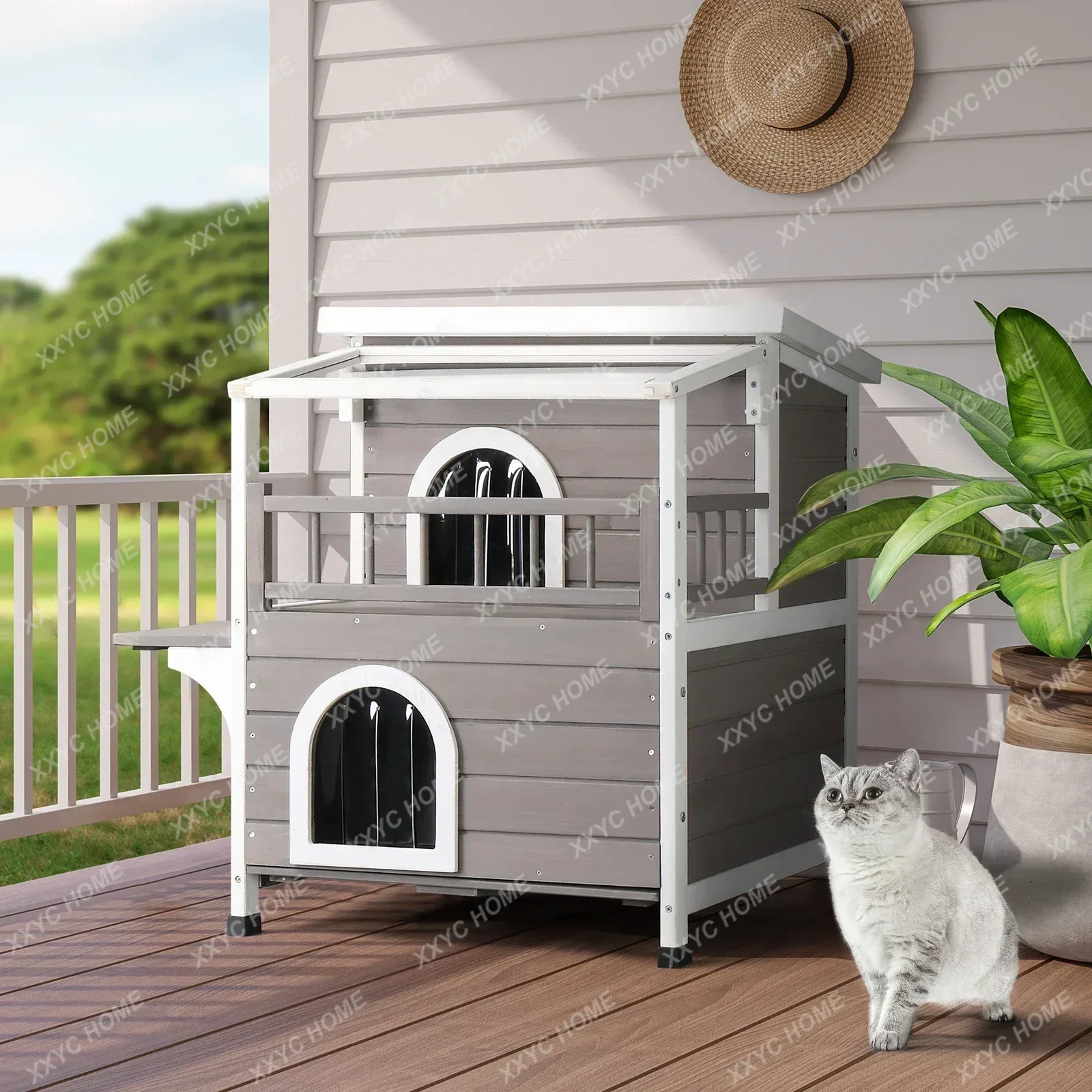 TTWooden Cat house 2-Story Indoor Outdoor Luxurious Cat Shelter House with Transparent Canopy, Large Balcony